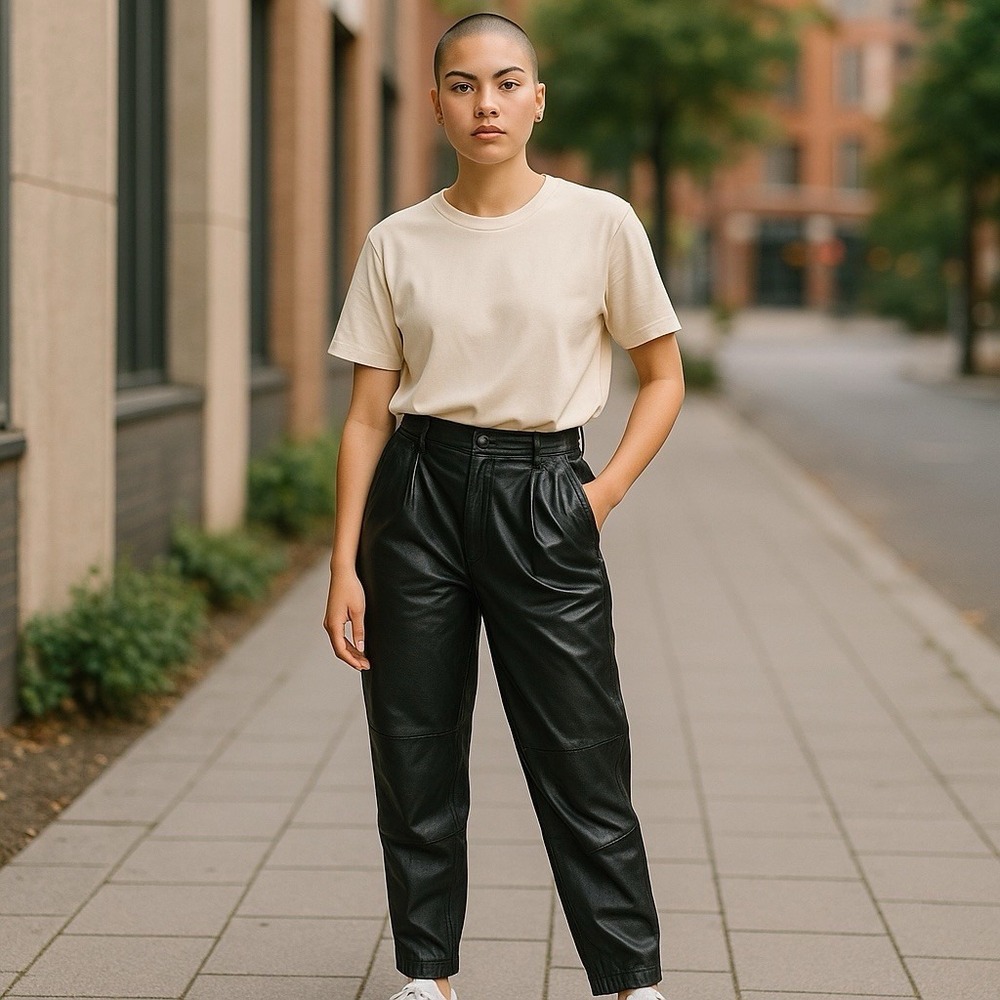 Vintage Black Leather Pleated Tapered Leg Pants Womens 28 Edgy Minimalist Moto